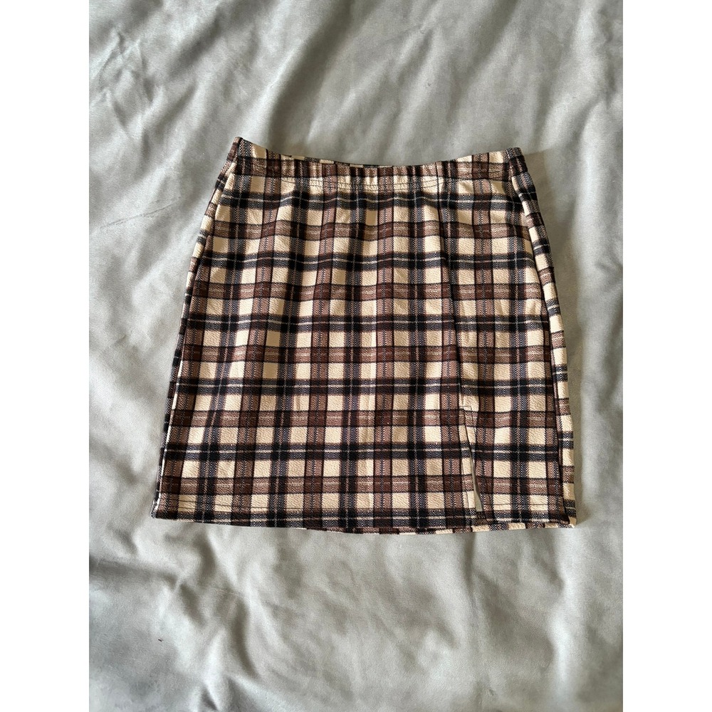 SHEIN Brown Plaid Mini Skirt Side Slit Textured Knit Size S 4